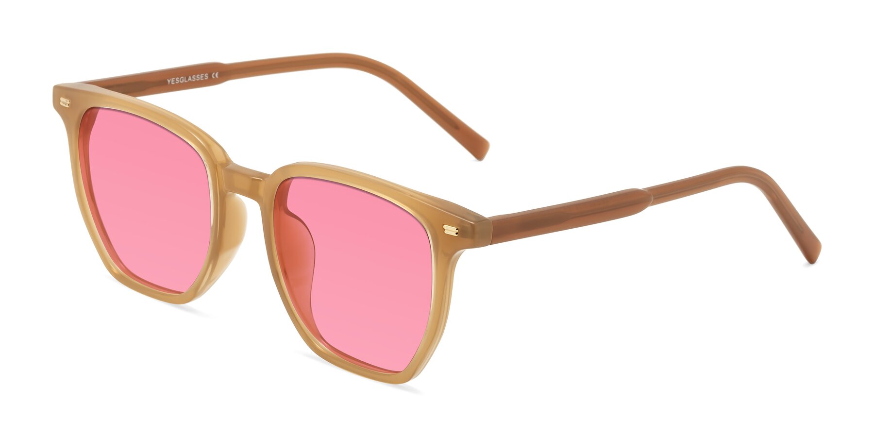 Angle of Lucky in Caramel with Pink Tinted Lenses