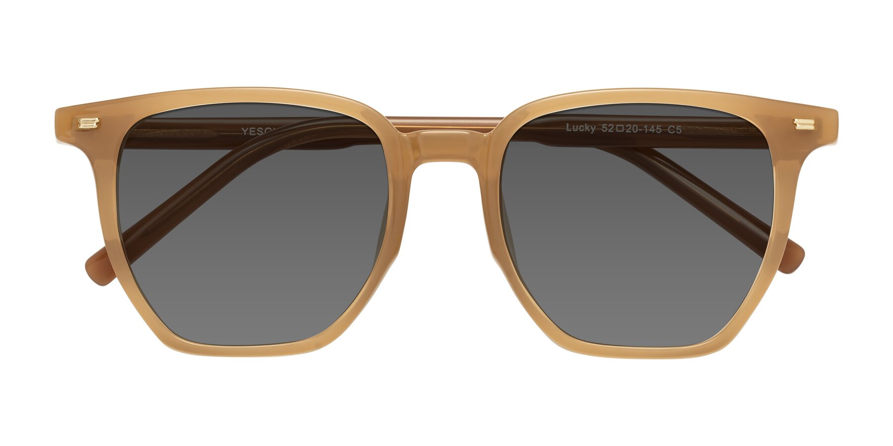 Folded Front of Lucky in Caramel with Medium Gray Tinted Lenses