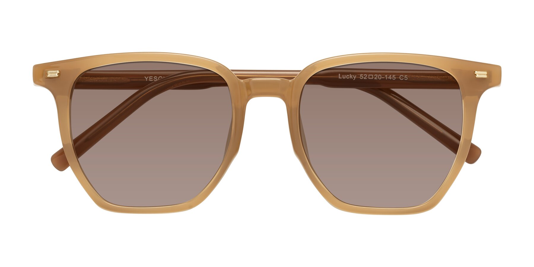 Folded Front of Lucky in Caramel with Medium Brown Tinted Lenses