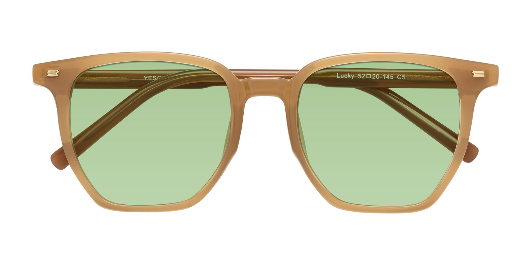 Folded Front of Lucky in Caramel with Medium Green Tinted Lenses