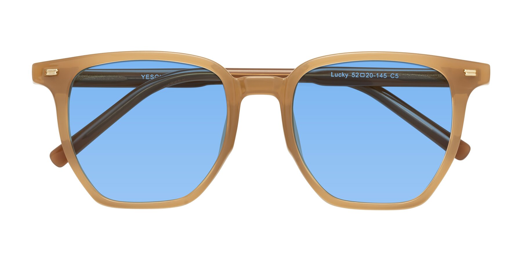 Folded Front of Lucky in Caramel with Medium Blue Tinted Lenses