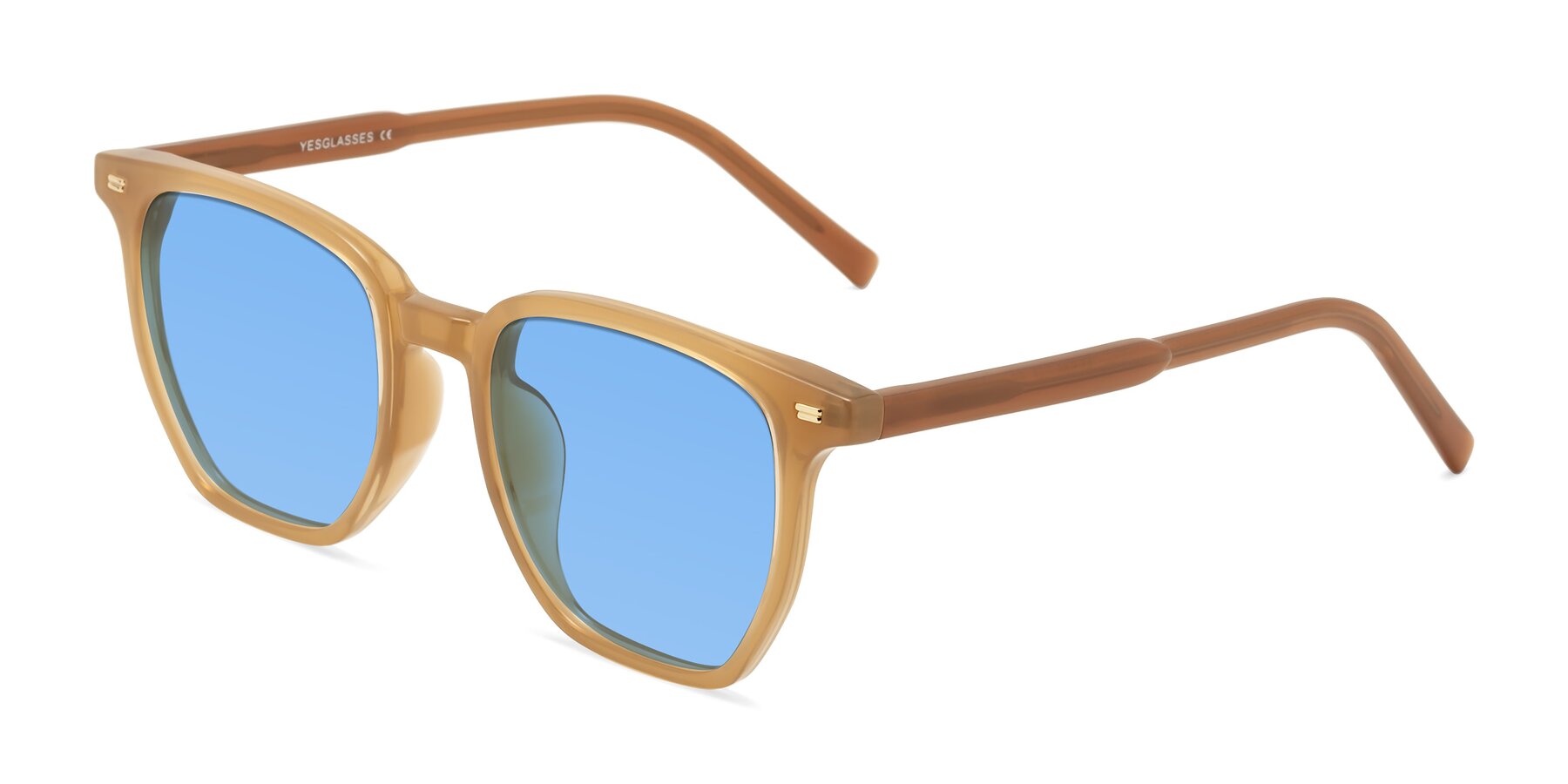 Angle of Lucky in Caramel with Medium Blue Tinted Lenses