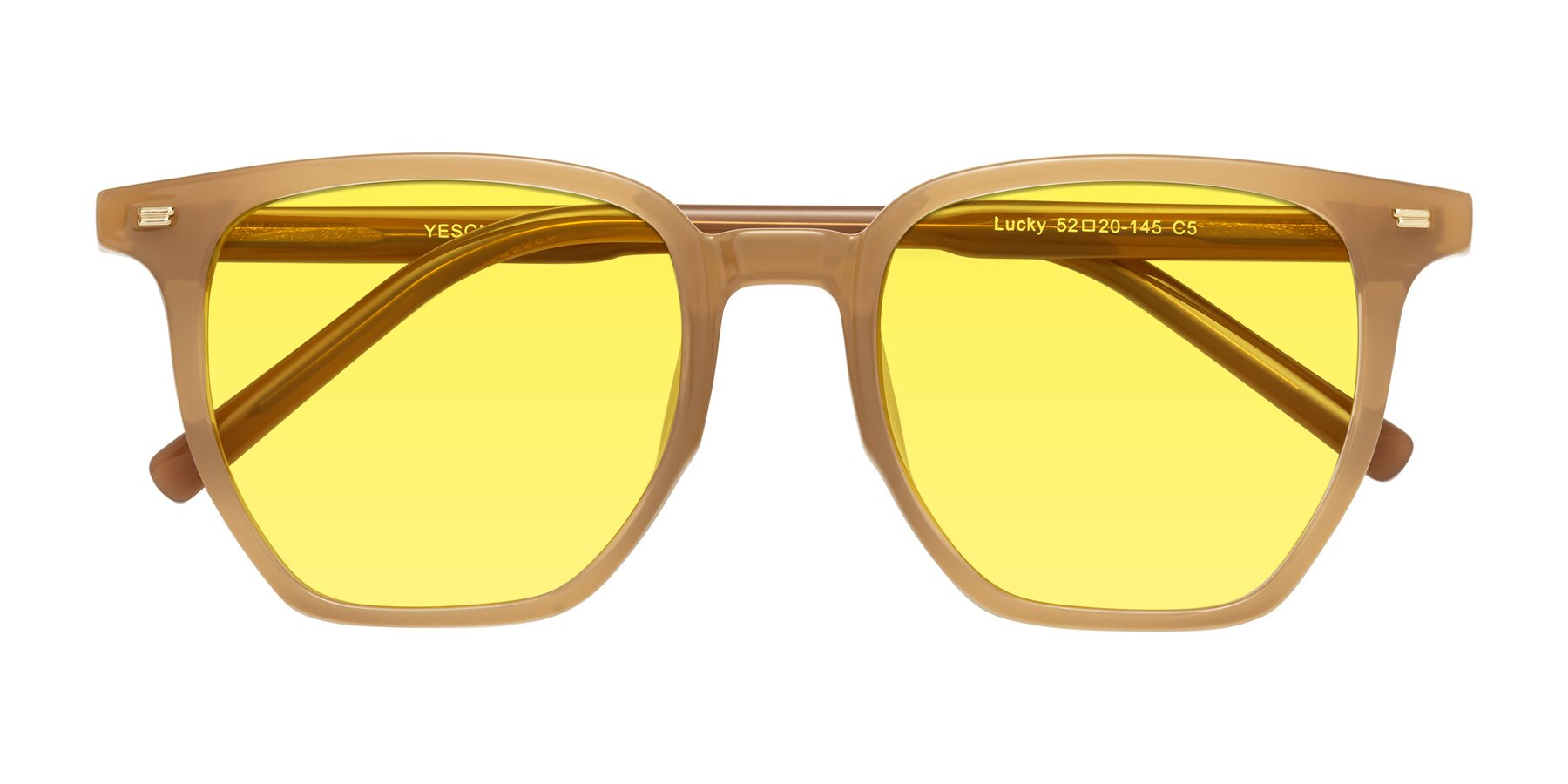 Folded Front of Lucky in Caramel with Medium Yellow Tinted Lenses