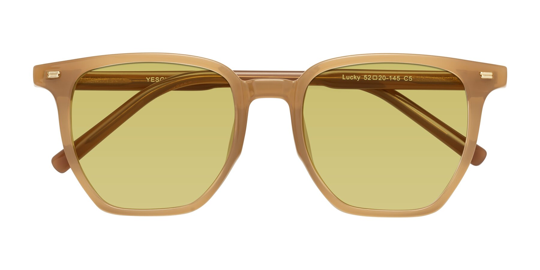 Folded Front of Lucky in Caramel with Medium Champagne Tinted Lenses