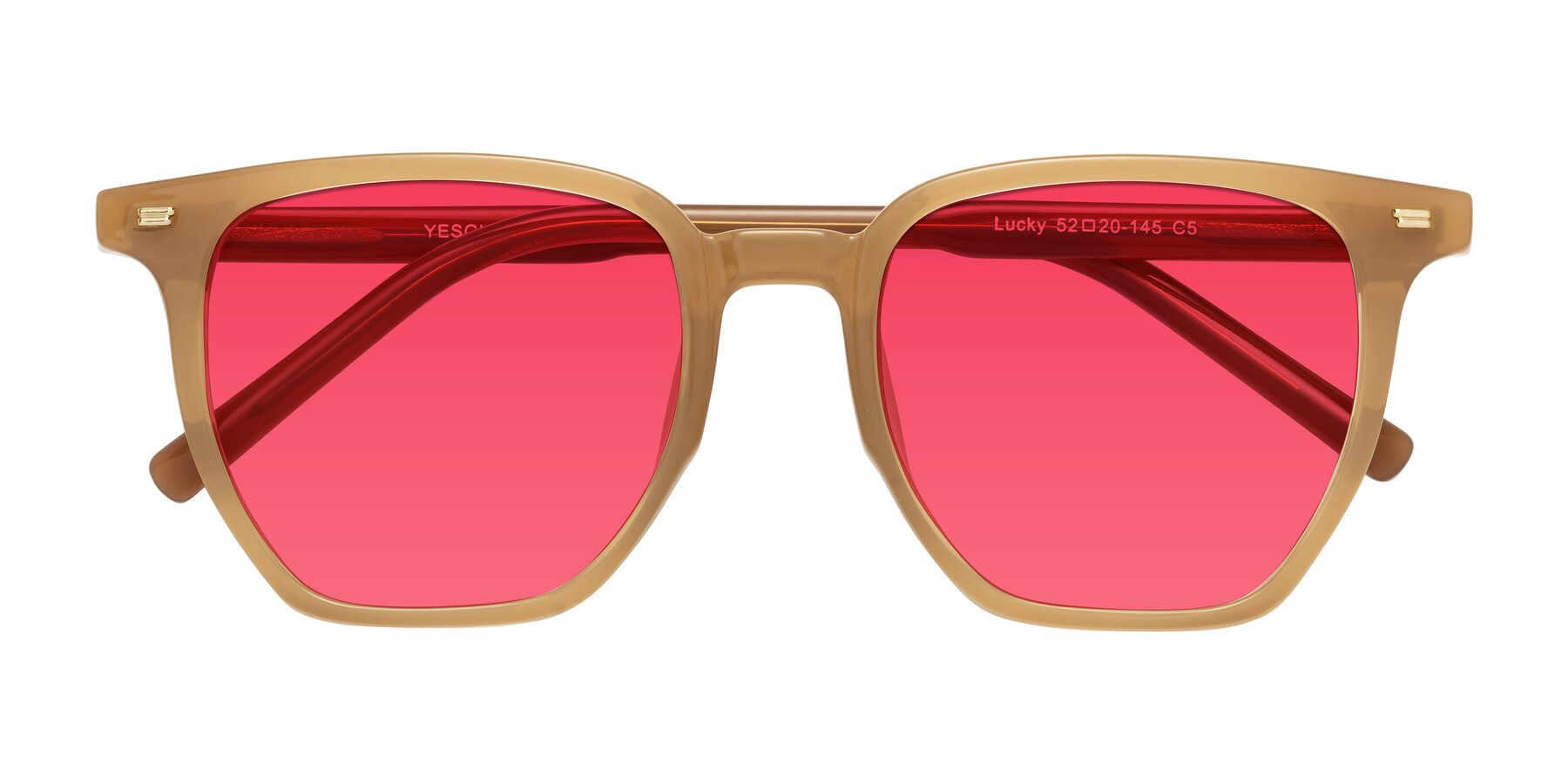 Folded Front of Lucky in Caramel with Red Tinted Lenses