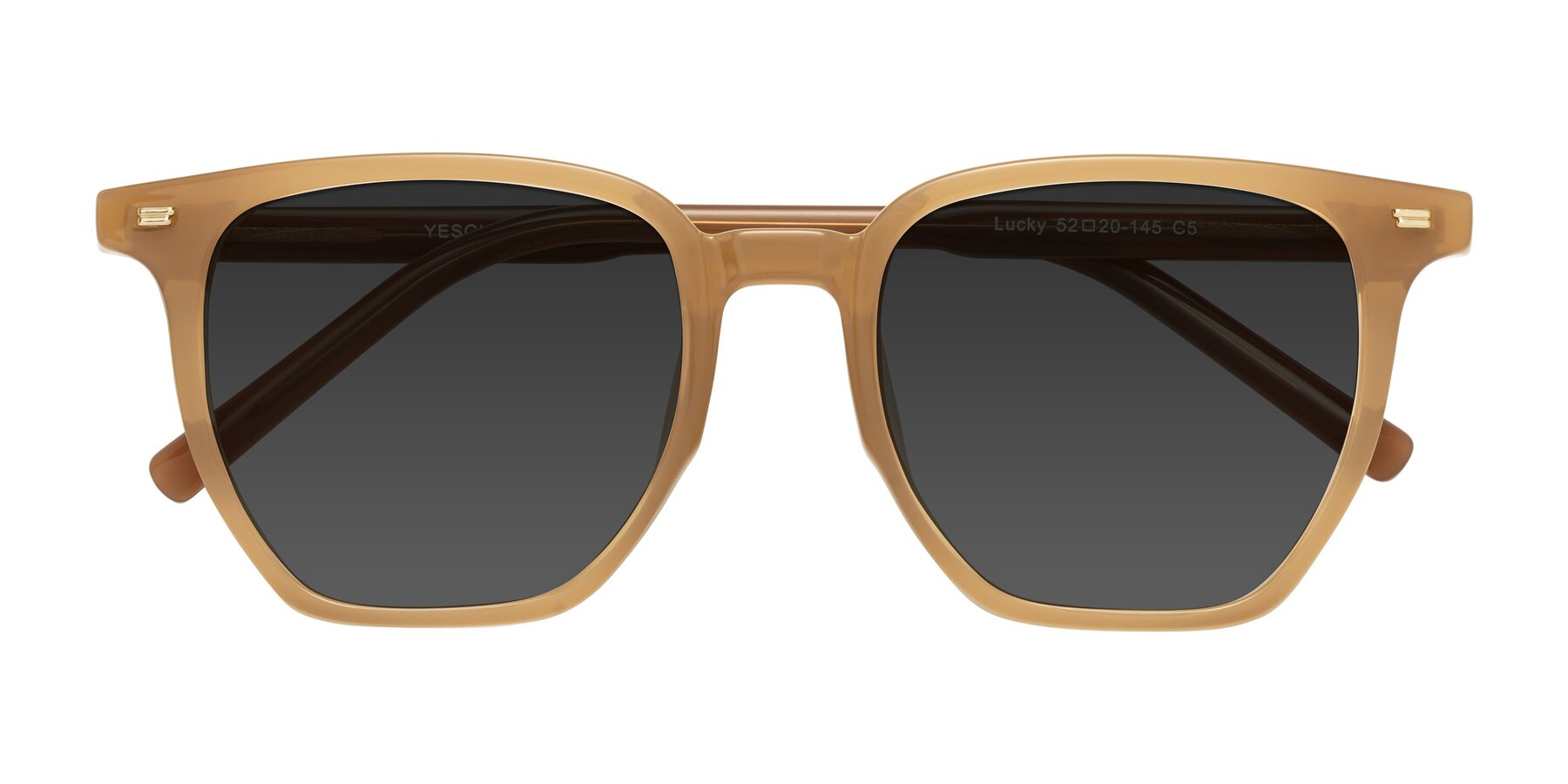 Folded Front of Lucky in Caramel with Gray Tinted Lenses