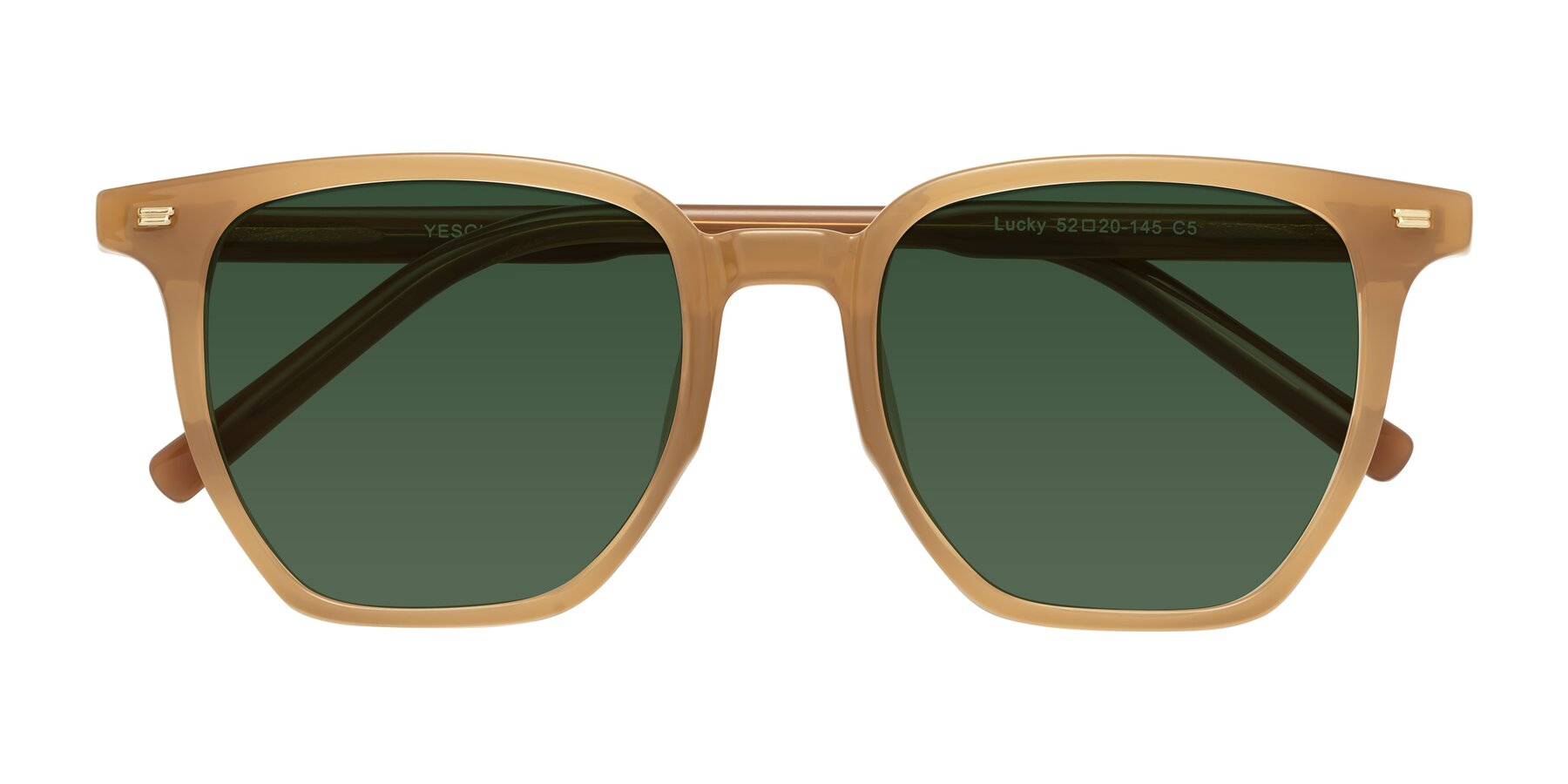 Folded Front of Lucky in Caramel with Green Tinted Lenses