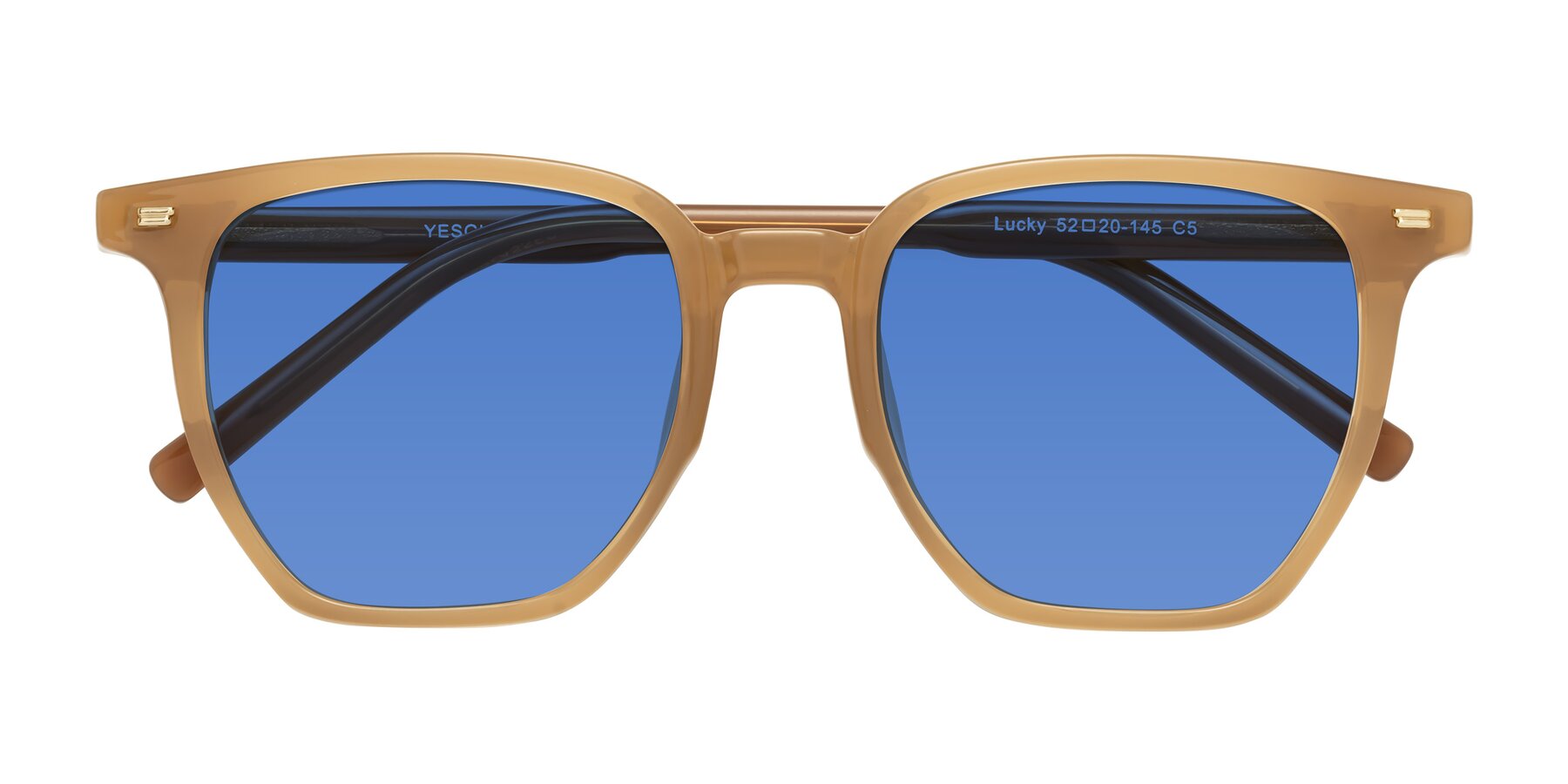 Folded Front of Lucky in Caramel with Blue Tinted Lenses