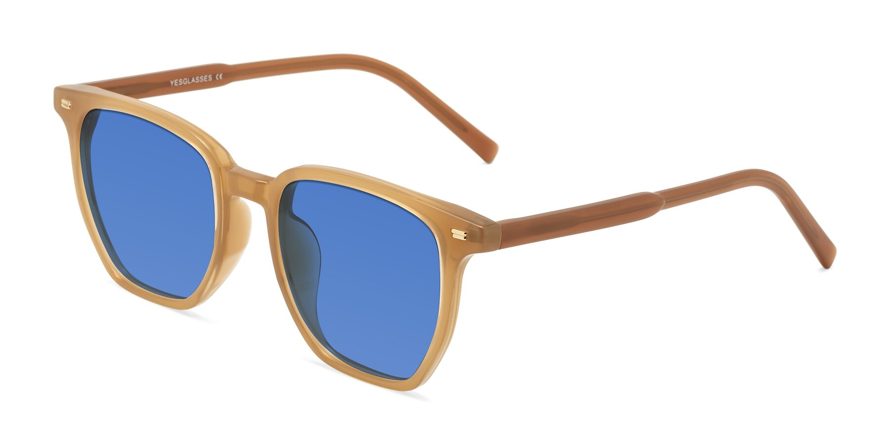 Angle of Lucky in Caramel with Blue Tinted Lenses