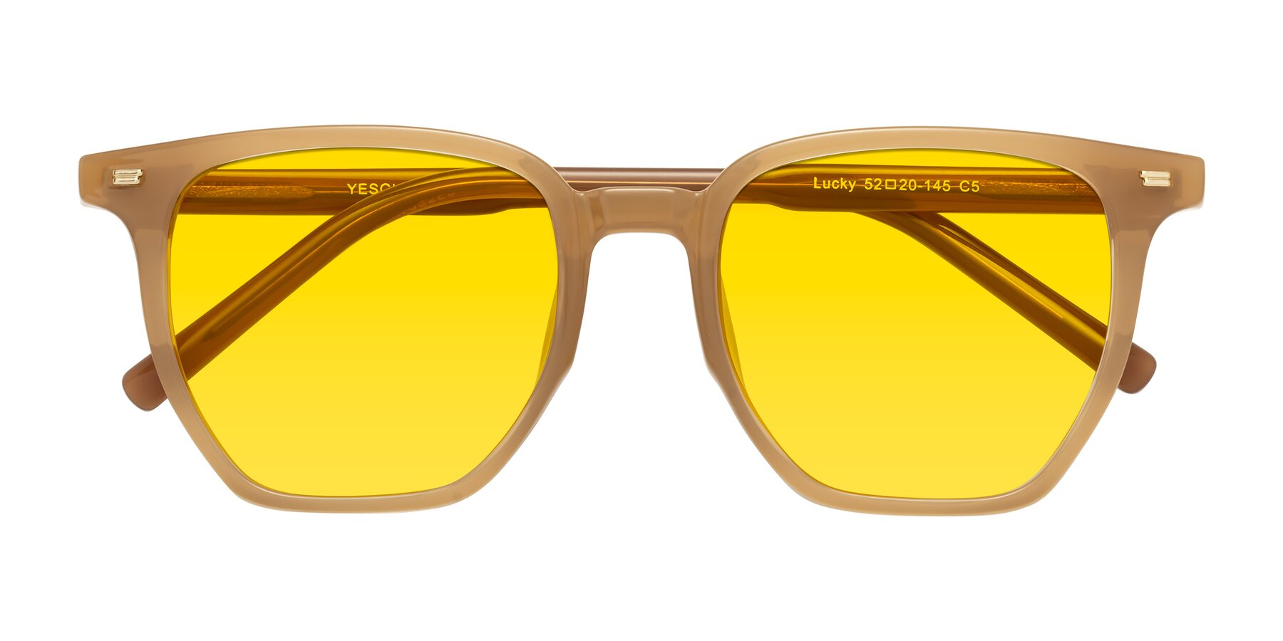 Folded Front of Lucky in Caramel with Yellow Tinted Lenses