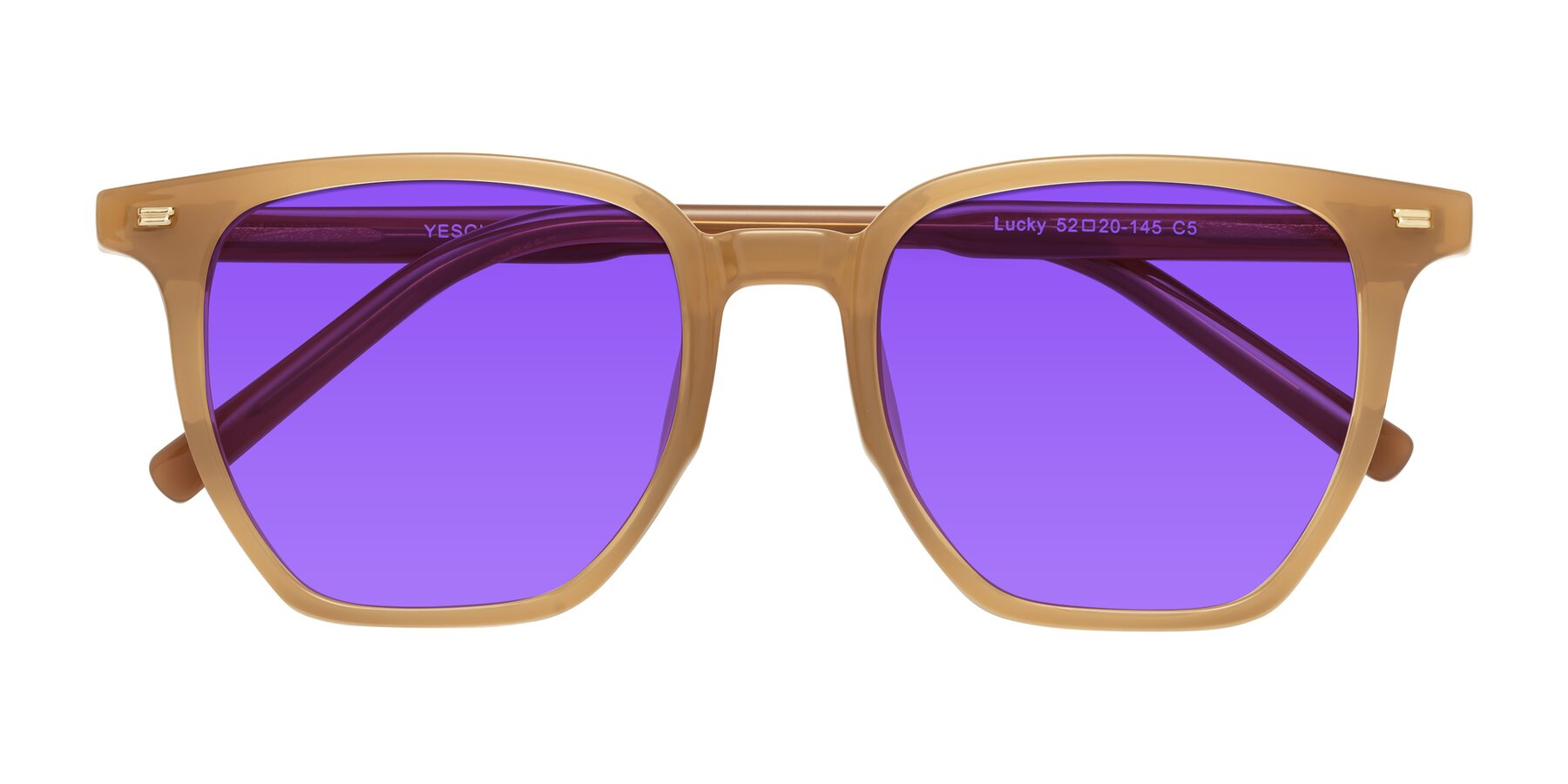 Folded Front of Lucky in Caramel with Purple Tinted Lenses