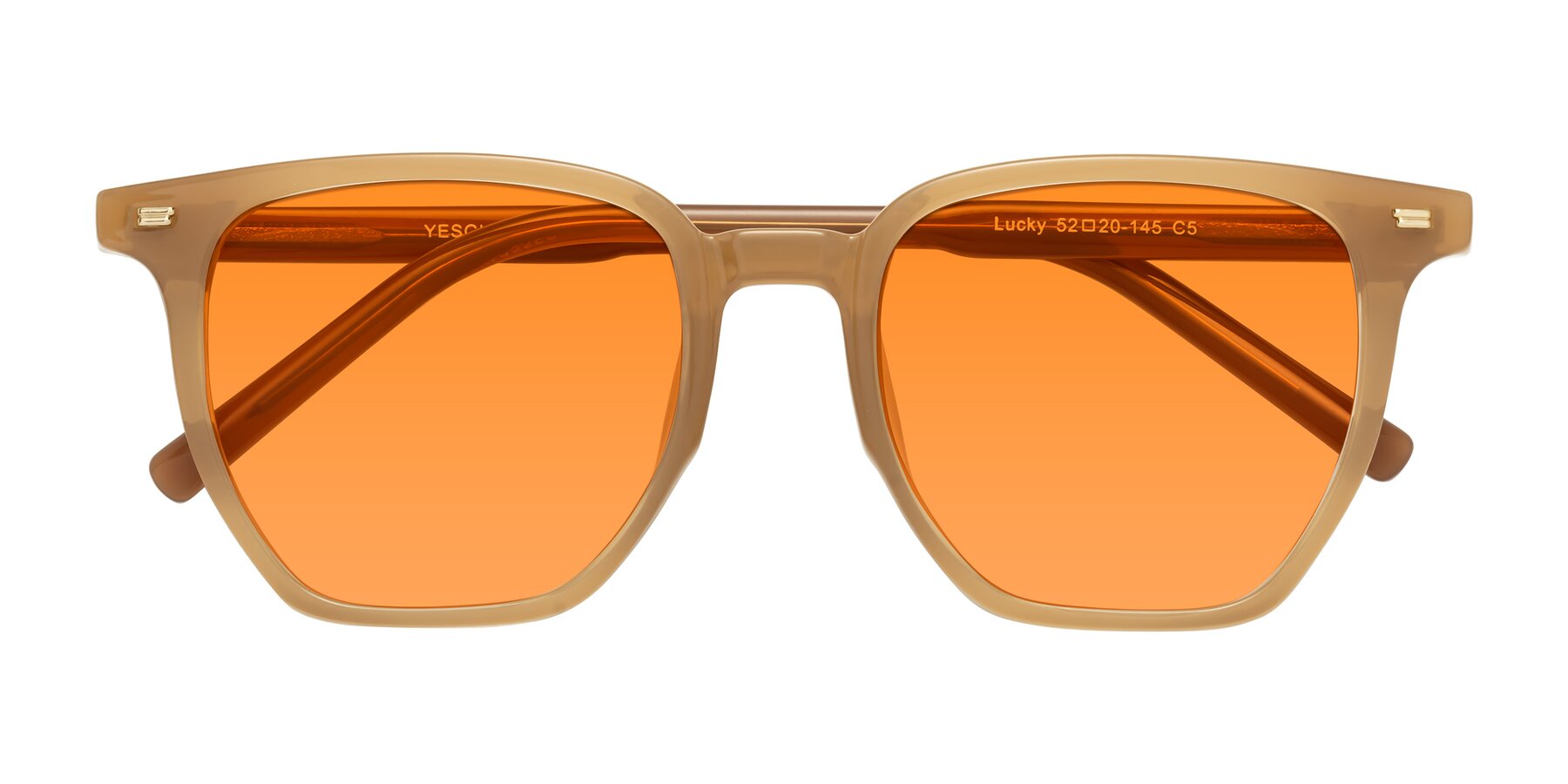 Folded Front of Lucky in Caramel with Orange Tinted Lenses