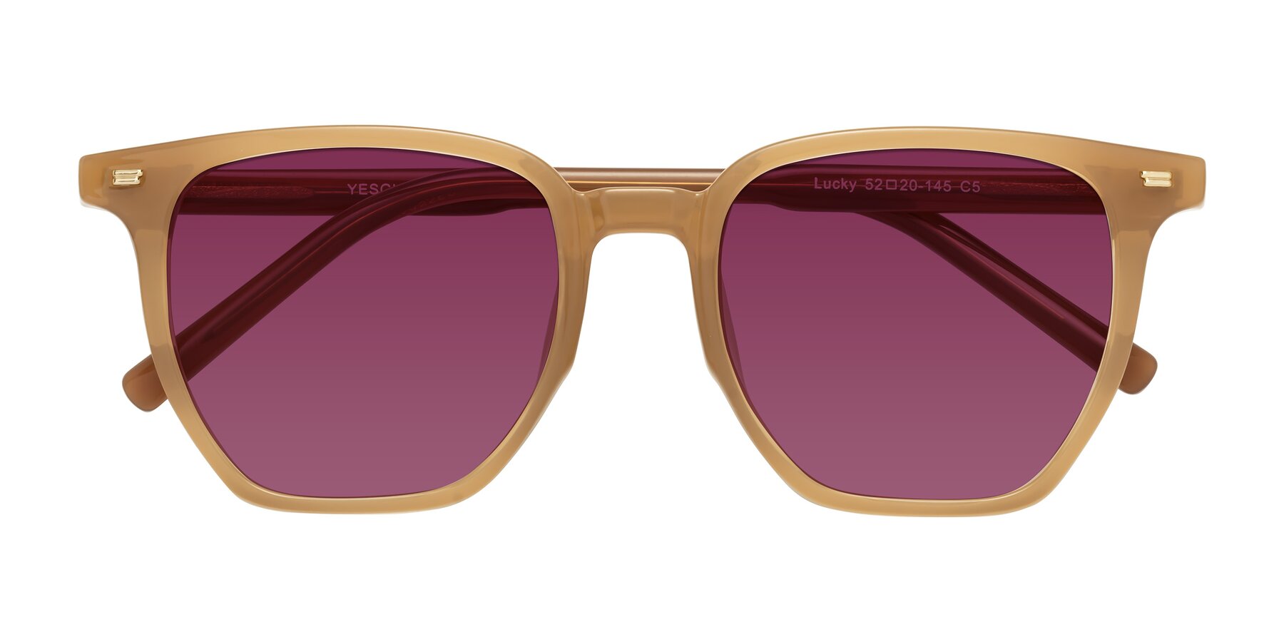 Folded Front of Lucky in Caramel with Wine Tinted Lenses