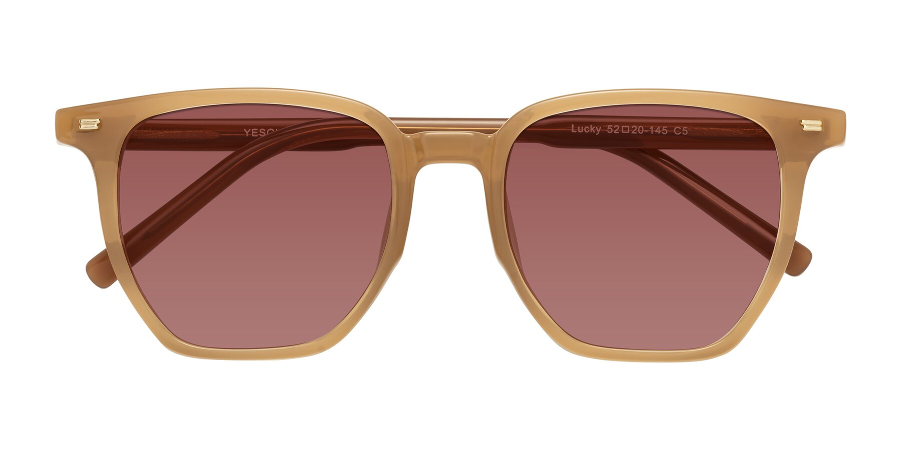 Folded Front of Lucky in Caramel with Garnet Tinted Lenses