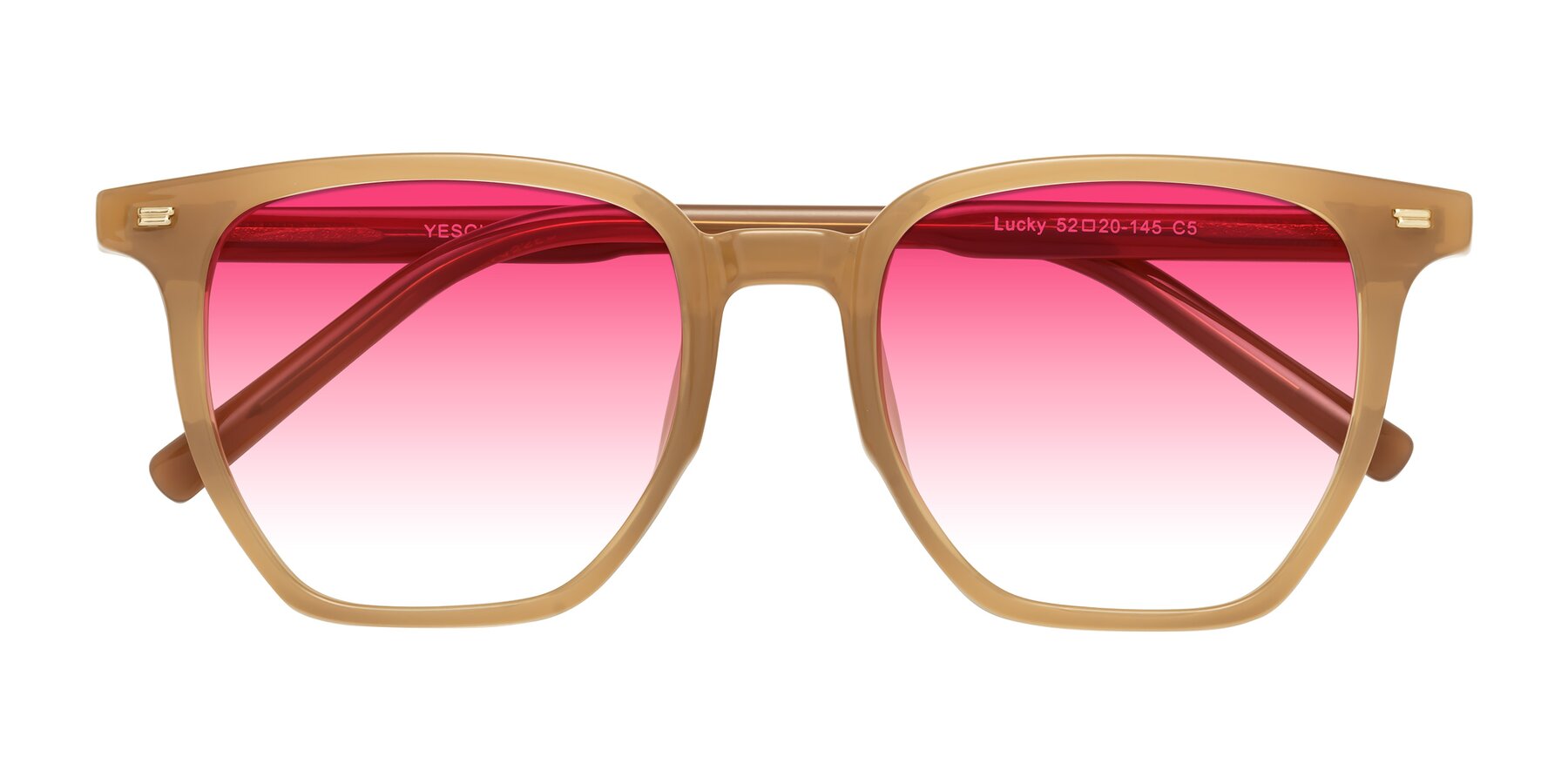 Folded Front of Lucky in Caramel with Pink Gradient Lenses