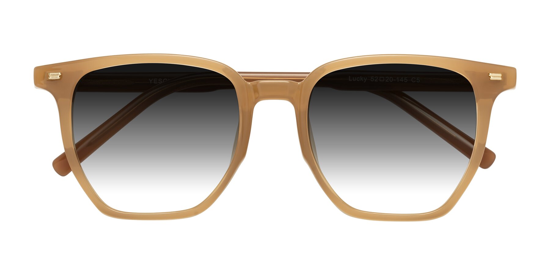 Folded Front of Lucky in Caramel with Gray Gradient Lenses