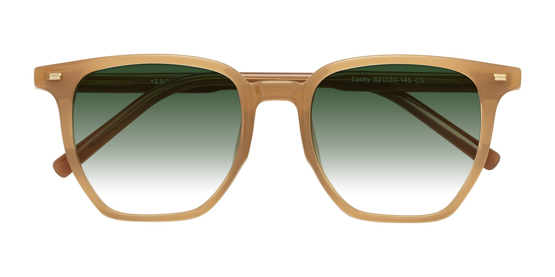 Folded Front of Lucky in Caramel with Green Gradient Lenses