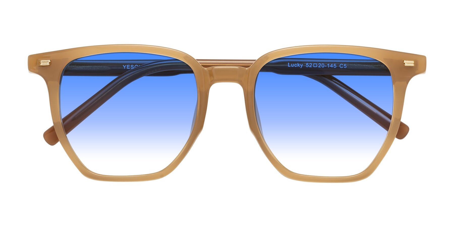 Folded Front of Lucky in Caramel with Blue Gradient Lenses