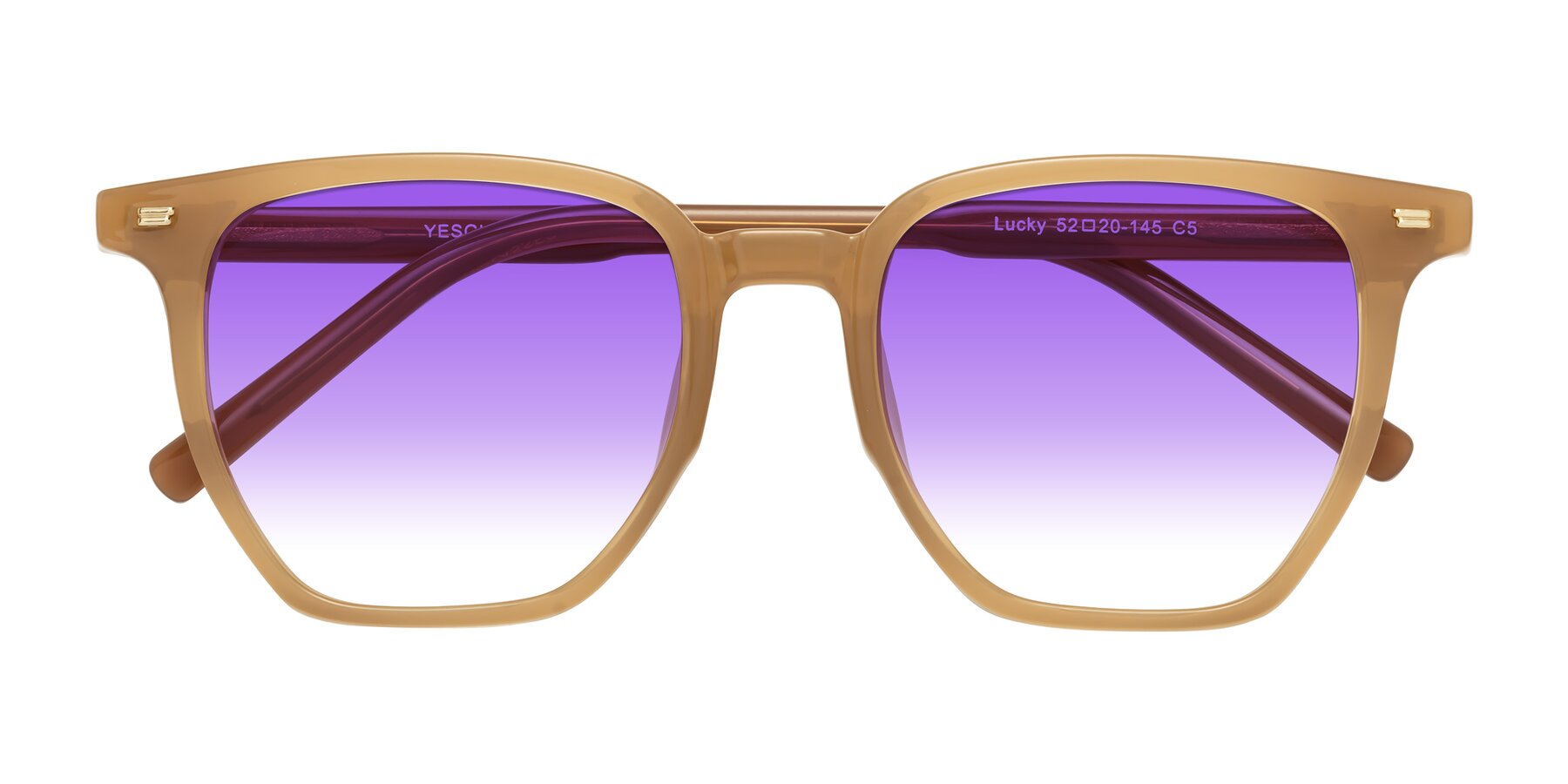 Folded Front of Lucky in Caramel with Purple Gradient Lenses