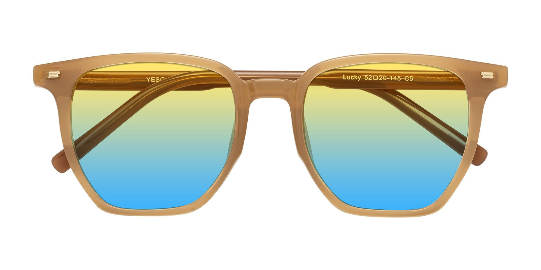Folded Front of Lucky in Caramel with Yellow / Blue Gradient Lenses