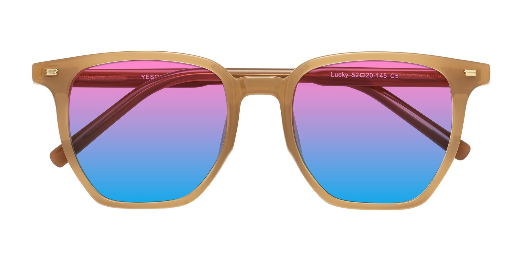 Folded Front of Lucky in Caramel with Pink / Blue Gradient Lenses