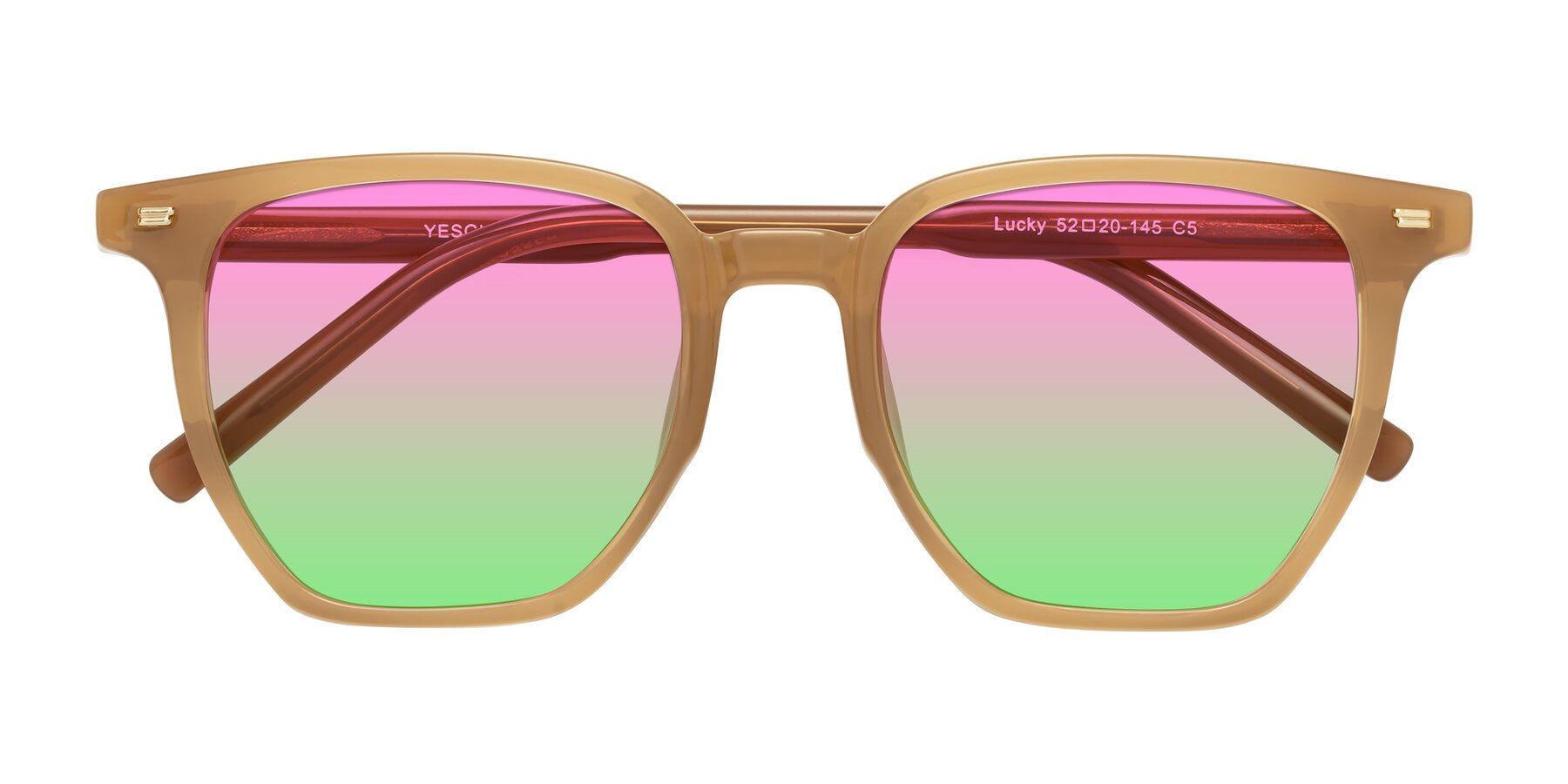 Folded Front of Lucky in Caramel with Pink / Green Gradient Lenses