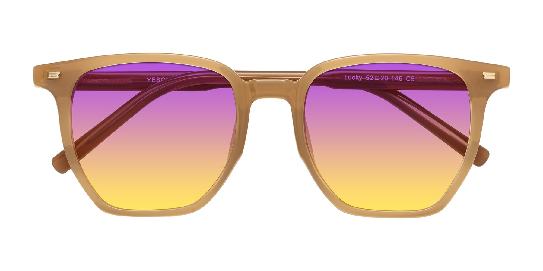 Folded Front of Lucky in Caramel with Purple / Yellow Gradient Lenses