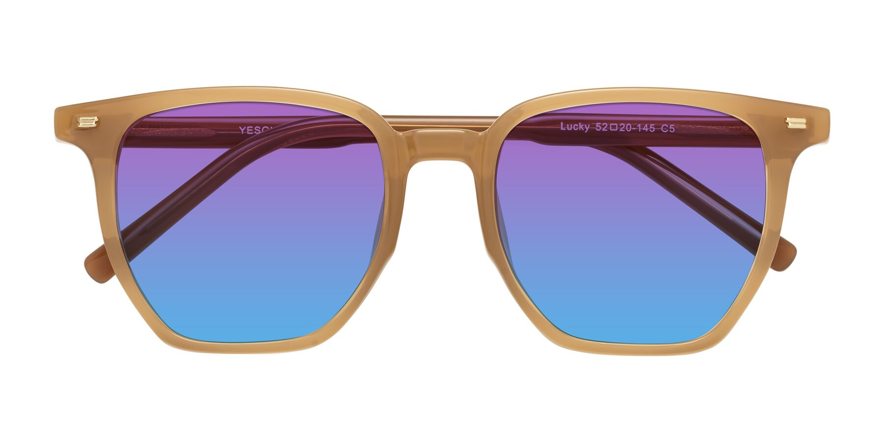 Folded Front of Lucky in Caramel with Purple / Blue Gradient Lenses