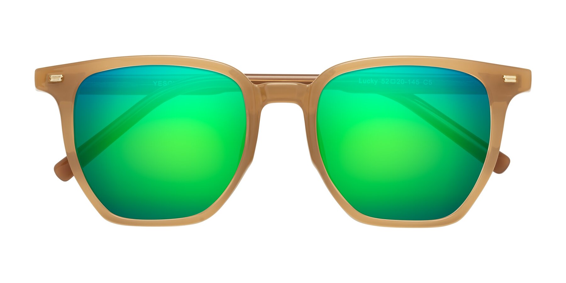 Folded Front of Lucky in Caramel with Green Mirrored Lenses