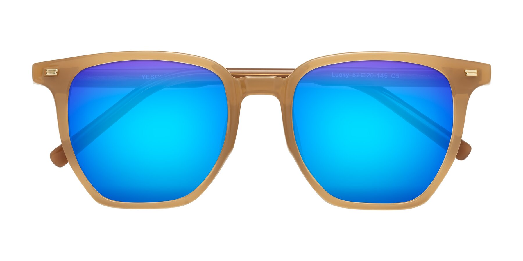 Folded Front of Lucky in Caramel with Blue Mirrored Lenses