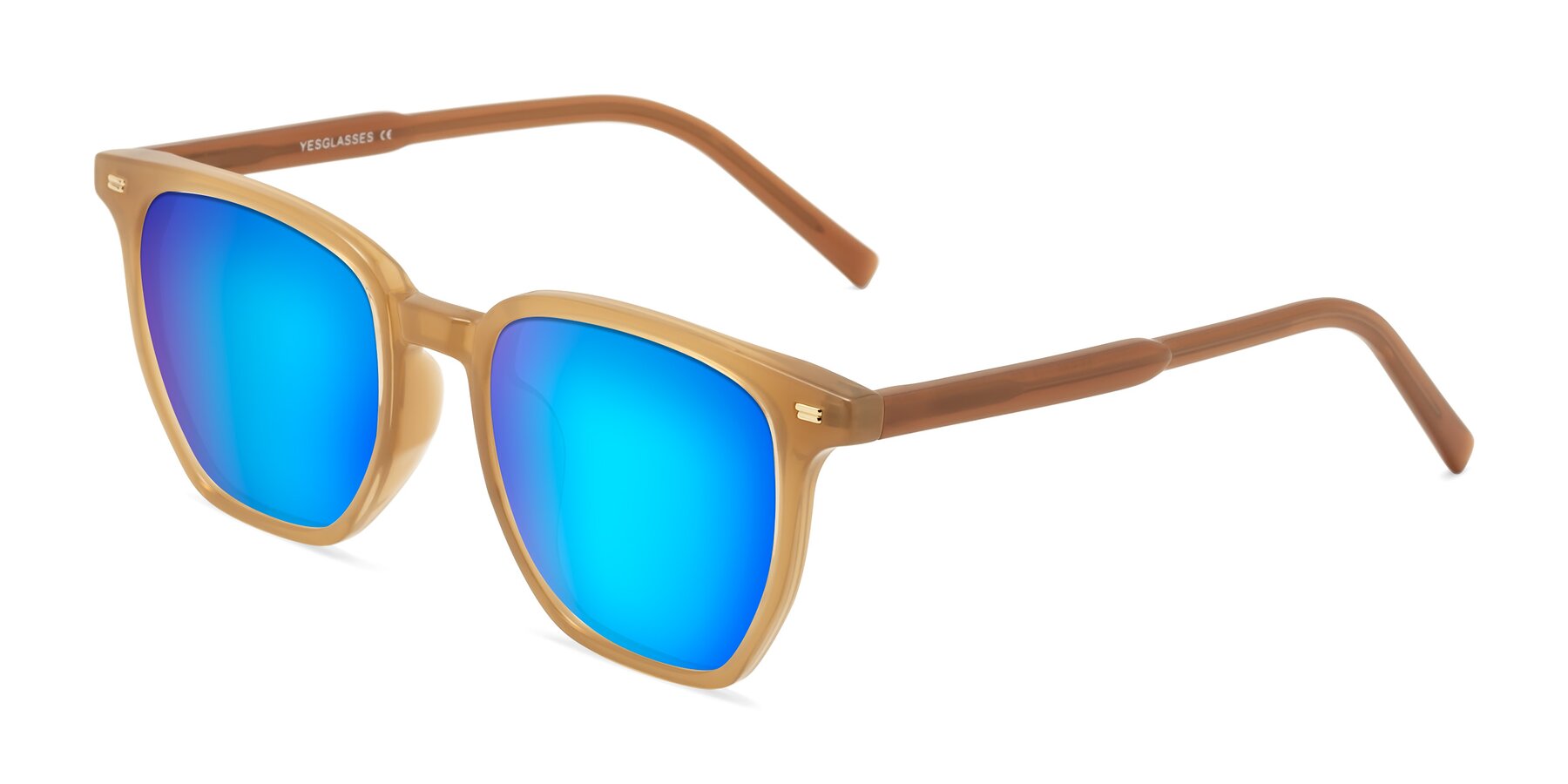 Angle of Lucky in Caramel with Blue Mirrored Lenses