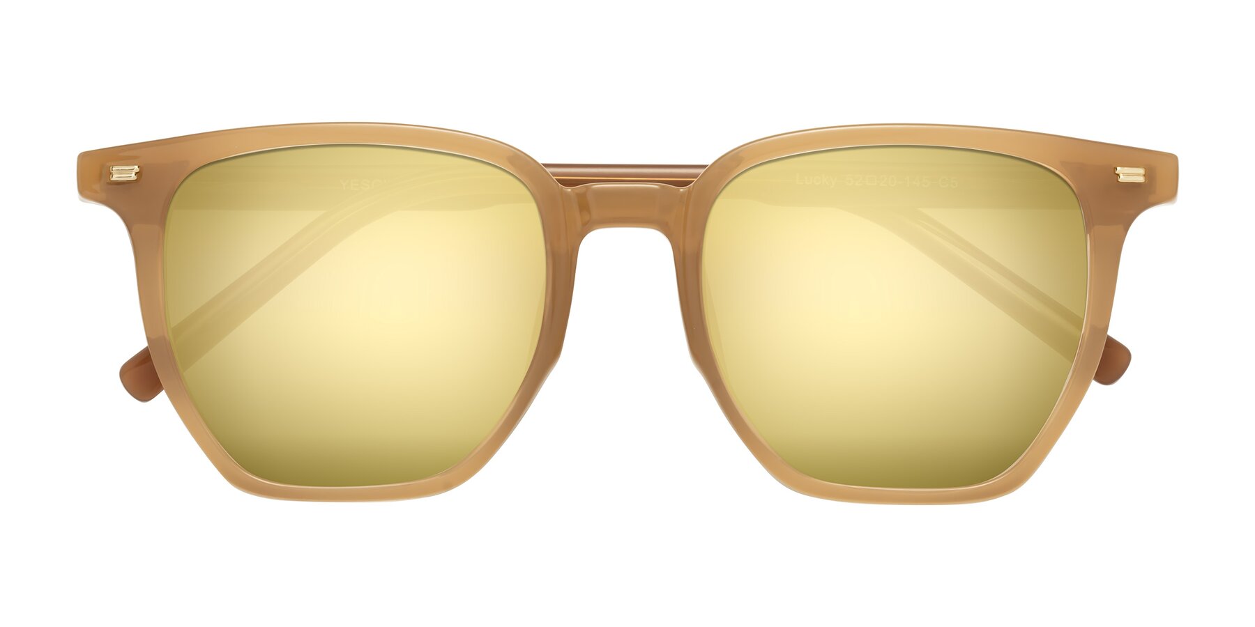 Folded Front of Lucky in Caramel with Gold Mirrored Lenses
