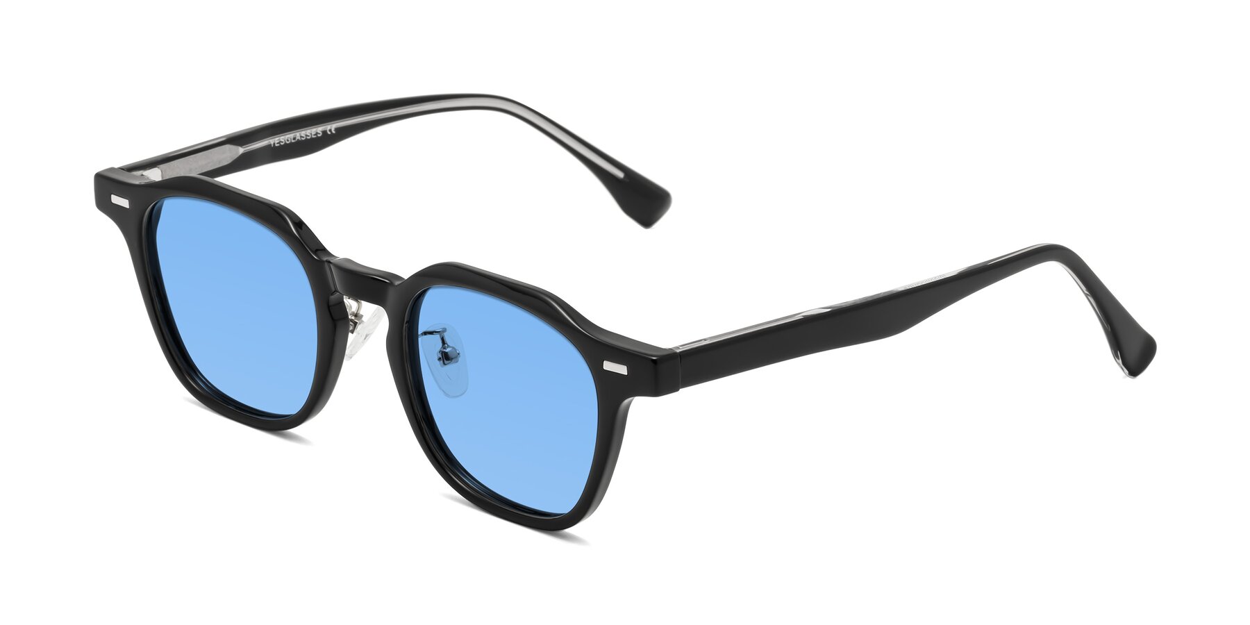 Angle of Mississauga in Black with Medium Blue Tinted Lenses