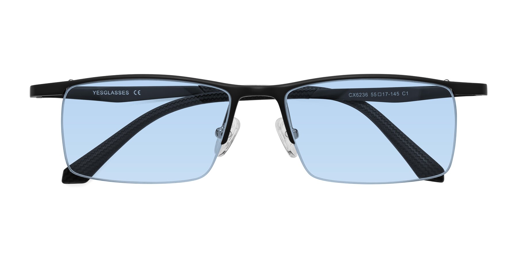 Folded Front of CX6236 in Black with Light Blue Tinted Lenses