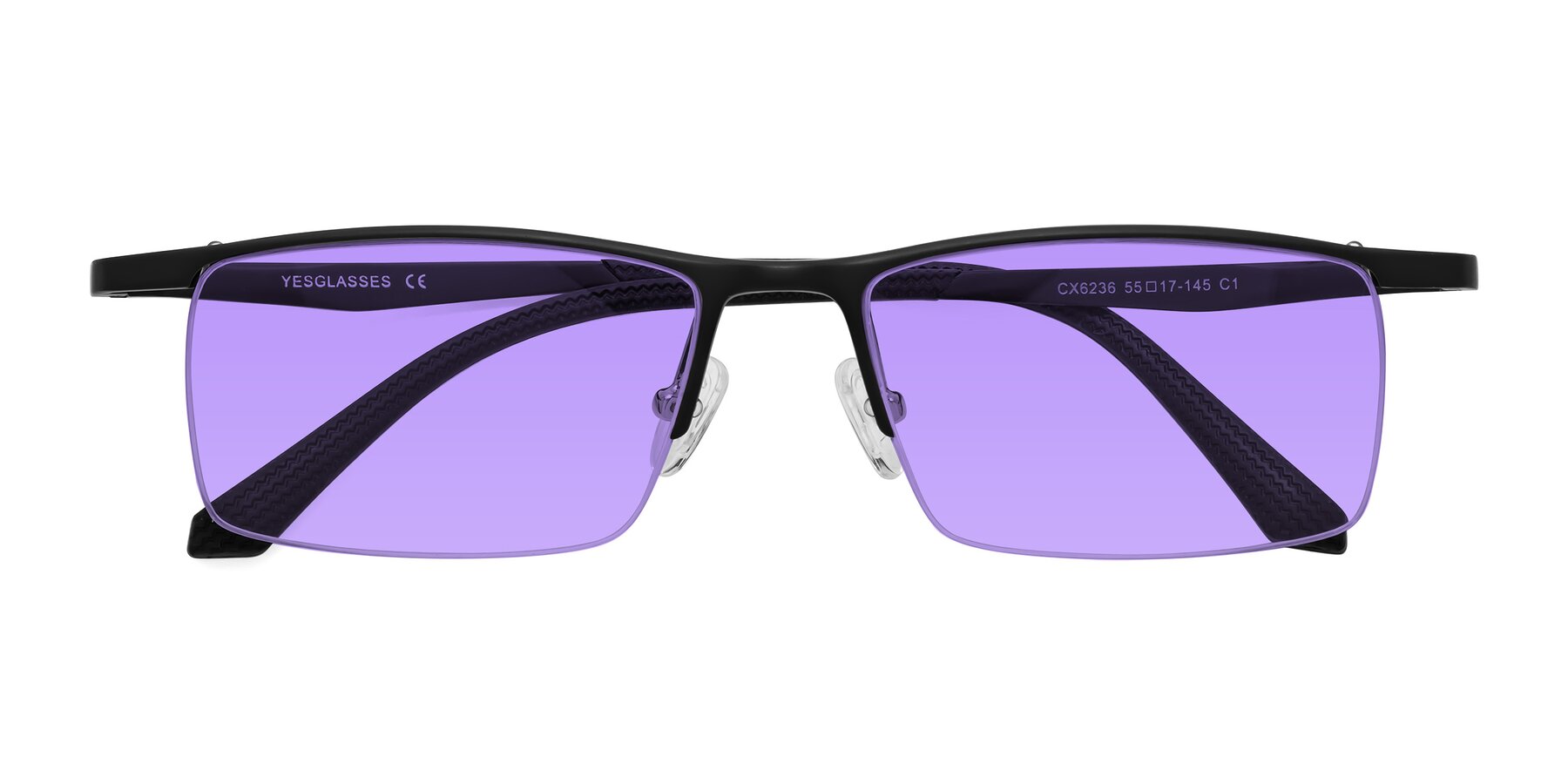 Folded Front of CX6236 in Black with Medium Purple Tinted Lenses