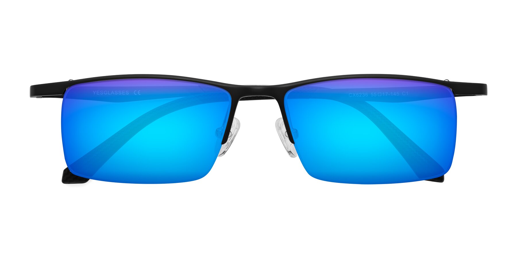 Folded Front of CX6236 in Black with Blue Mirrored Lenses