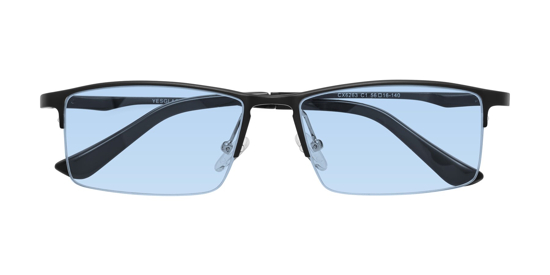 Folded Front of CX6263 in Black with Light Blue Tinted Lenses