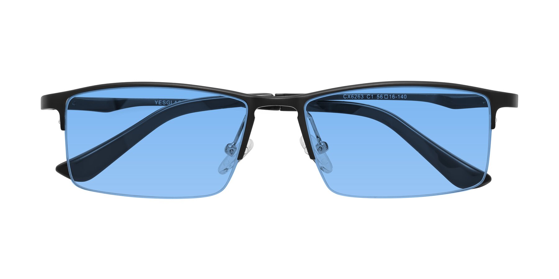 Folded Front of CX6263 in Black with Medium Blue Tinted Lenses