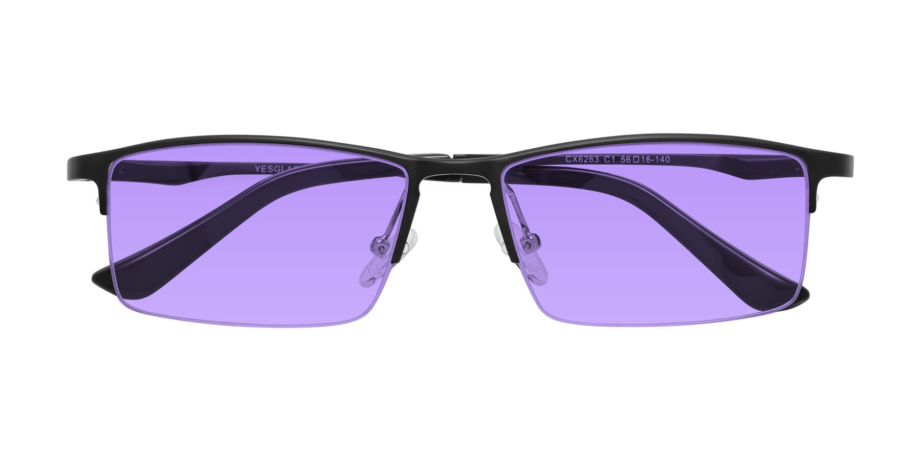 Folded Front of CX6263 in Black with Medium Purple Tinted Lenses