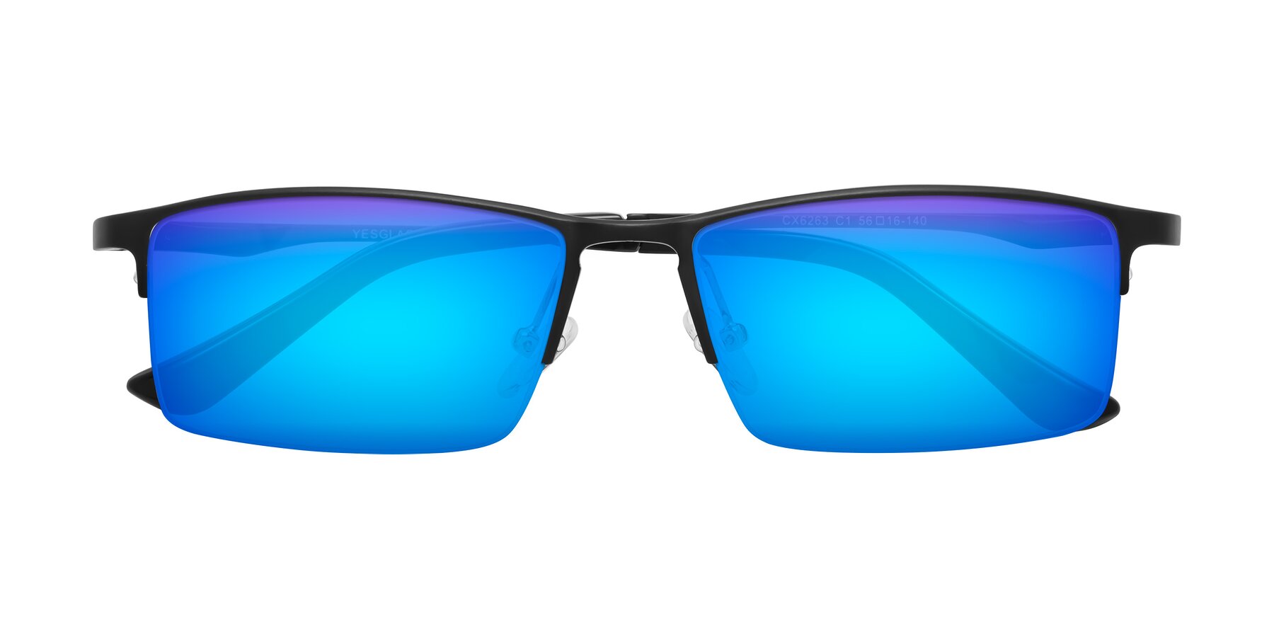 Folded Front of CX6263 in Black with Blue Mirrored Lenses