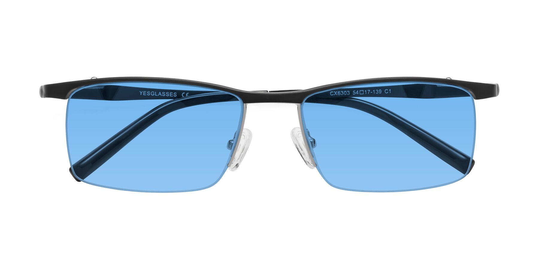 Folded Front of CX6303 in Black with Medium Blue Tinted Lenses