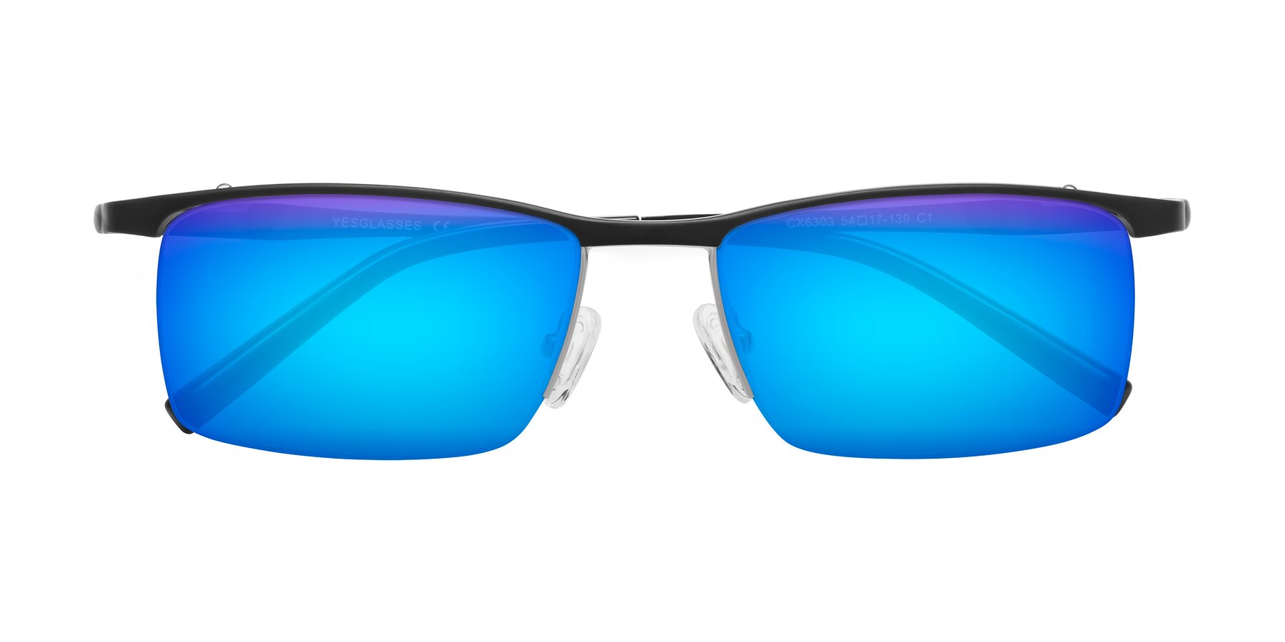 Folded Front of CX6303 in Black with Blue Mirrored Lenses