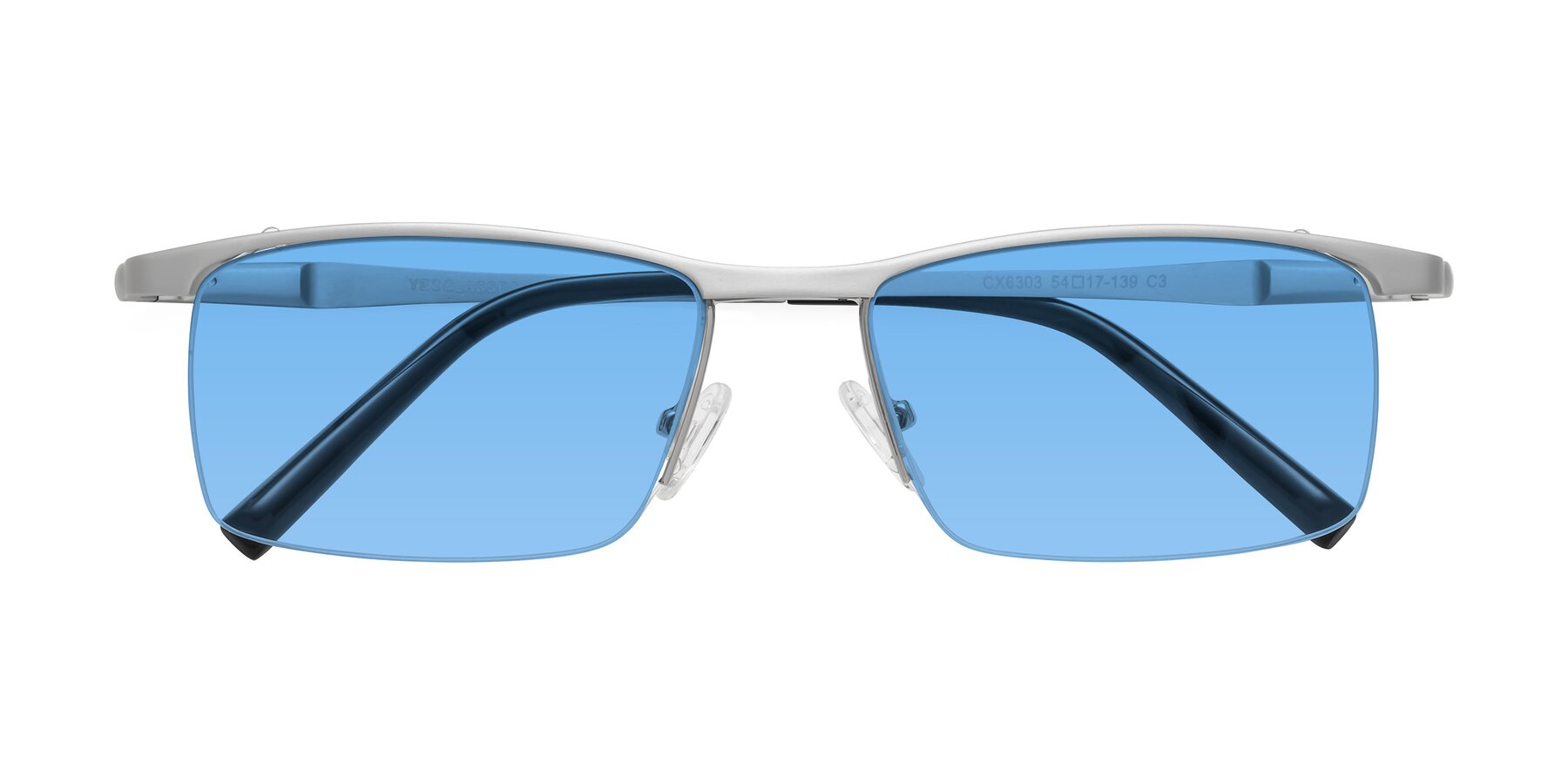 Folded Front of CX6303 in Silver with Medium Blue Tinted Lenses