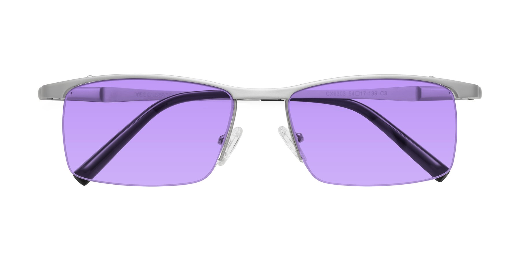 Folded Front of CX6303 in Silver with Medium Purple Tinted Lenses