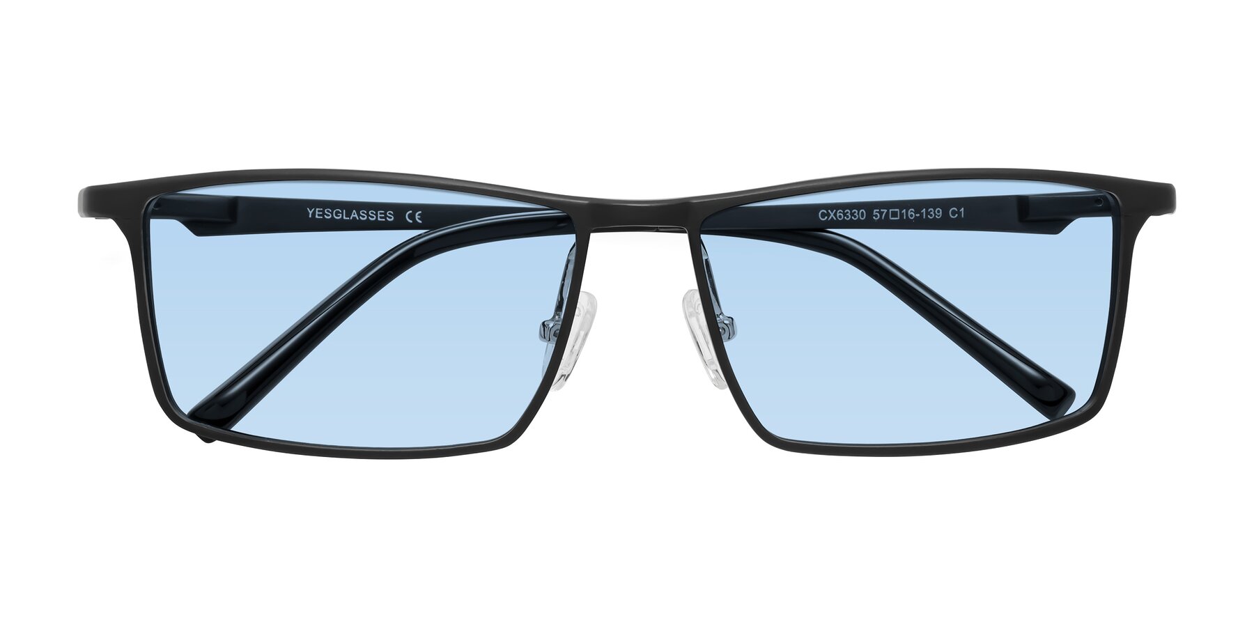 Folded Front of CX6330 in Black with Light Blue Tinted Lenses