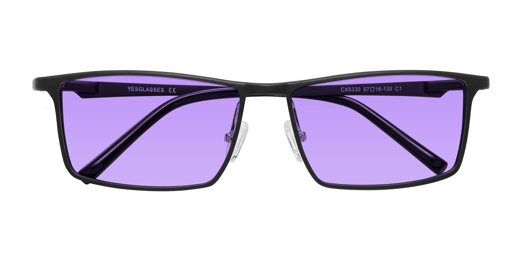 Folded Front of CX6330 in Black with Medium Purple Tinted Lenses