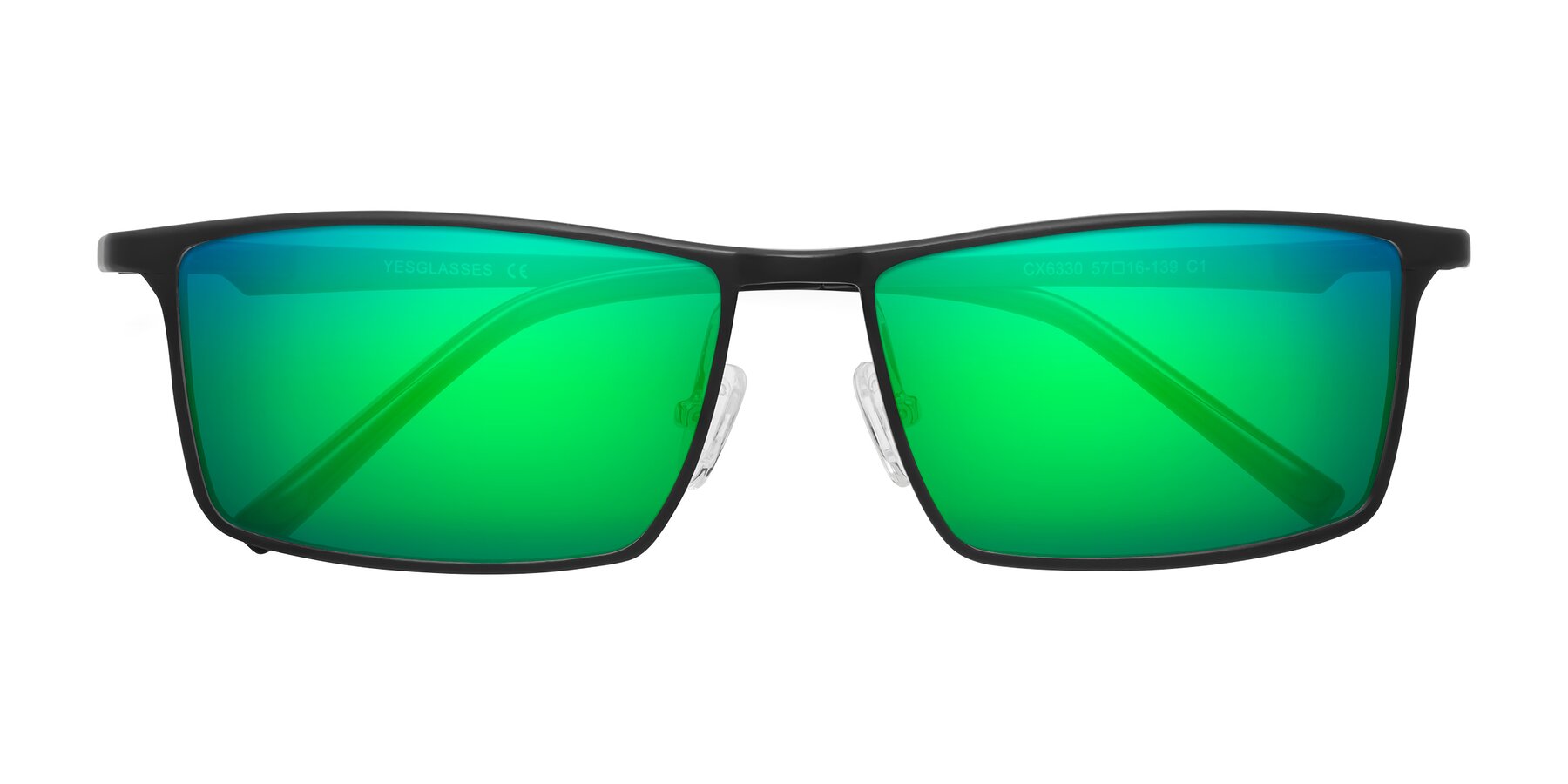 Folded Front of CX6330 in Black with Green Mirrored Lenses