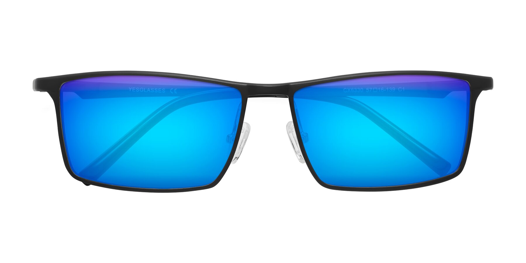 Folded Front of CX6330 in Black with Blue Mirrored Lenses