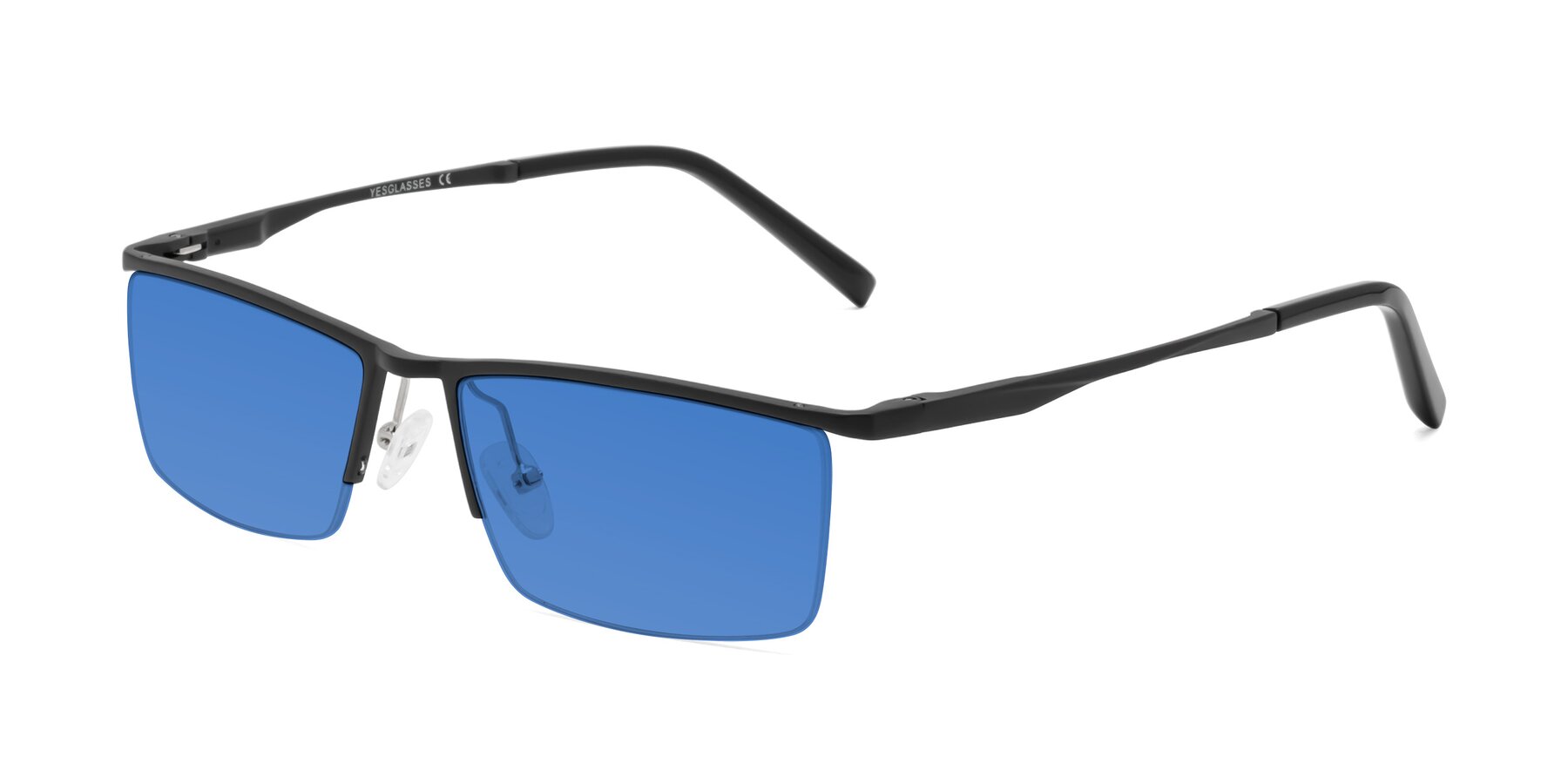 Black Magnesium Alloy Rectangle Semi-Rimless Tinted Sunglasses with Blue Sunwear Lenses - Hamiti