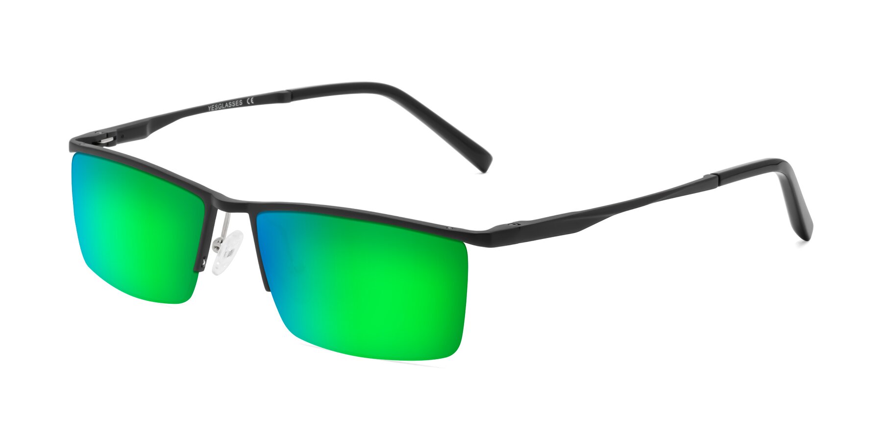 Black Magnesium Alloy Rectangle Semi-Rimless Mirrored Sunglasses with Green Sunwear Lenses - Hamiti